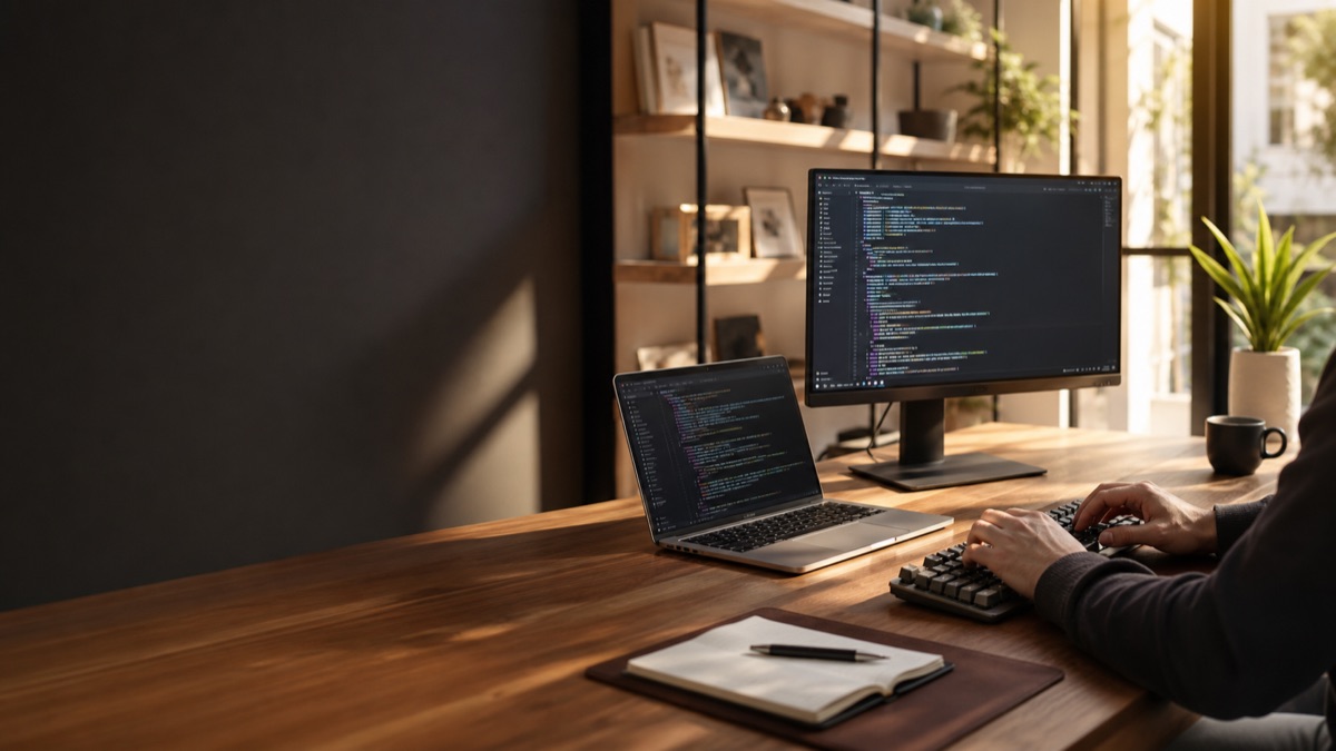 Premium workspace για web development με οθόνες κώδικα και μικρό φυτό